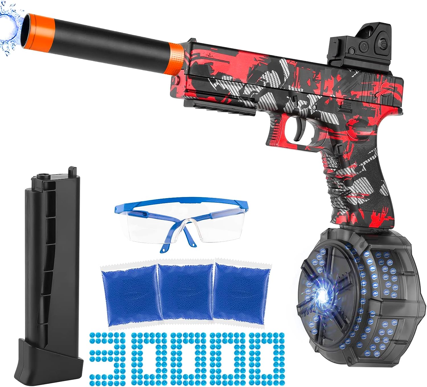 Electric Gel Ball Blaster with Drum: Enjoy Manual and Automatic Action! Includes 30000 Gel Balls and Goggles. Suitable for Kids and Adults Ages 12+