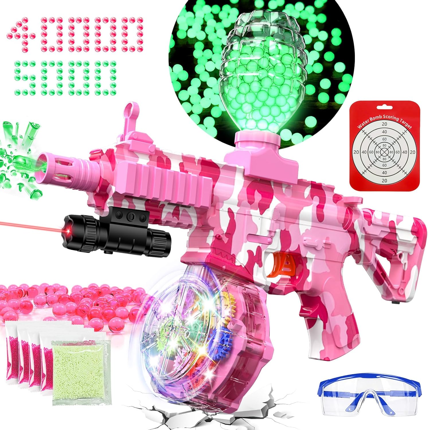 Double the Fun: 2-in-1 Automatic Splat Gun - Electric Gel Ball Blaster with Luminous Battery Drum, 40,000 Gel Balls, and 5,000 Fluorescent Beads