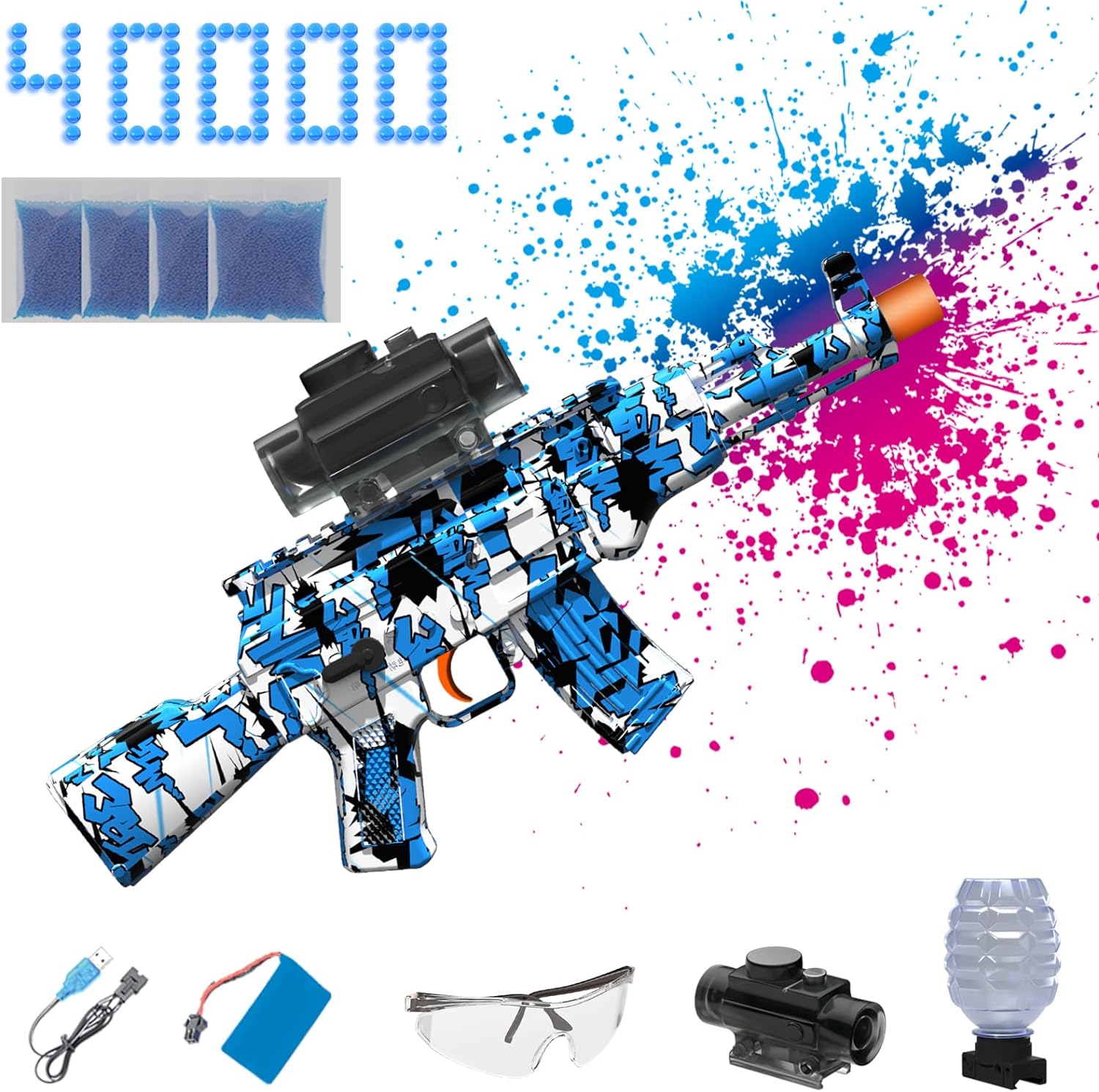 Electric Gel Ball Blaster: Automatic Splatter Ball Toy with 40,000 Water Beads and Goggles – Suitable for Ages 8+ in Vibrant Blue